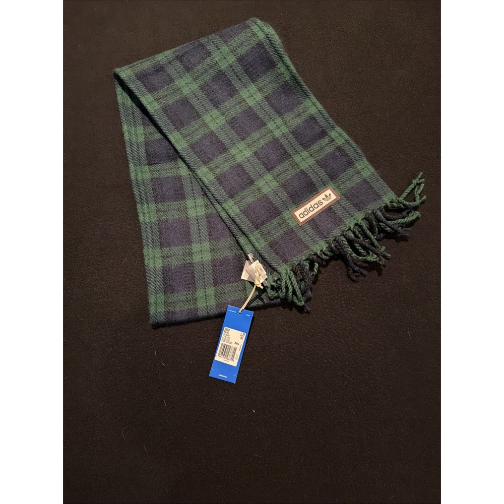 adidas Twill plaid Acrylic Knit Winter Fringe Scarf Adult-  Blue Green Tartan